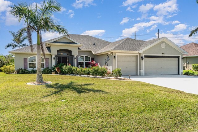 ranch-style home featuring a front yard, an attached garage, and stucco siding