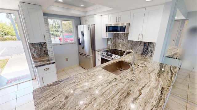 kitchen featuring a tray ceiling, decorative backsplash, appliances with stainless steel finishes, a sink, and light stone countertops