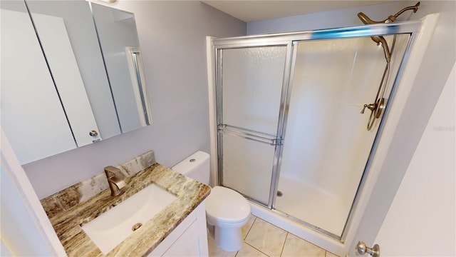 bathroom with toilet, a shower stall, and vanity