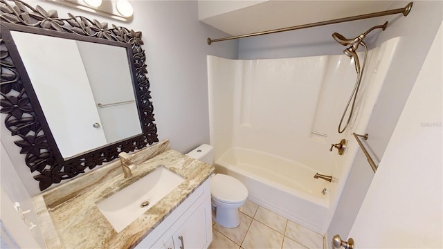 bathroom with toilet, shower / bath combination, tile patterned flooring, and vanity