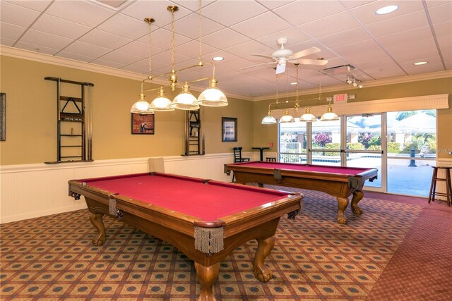 24321 Kintail Ct, Punta Gorda, FL 33980 - rec room featuring crown molding, pool table, wainscoting, and carpet