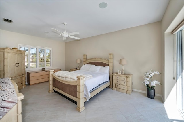 bedroom featuring a ceiling fan, visible vents, and baseboards