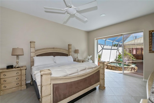 bedroom with light tile patterned floors, access to exterior, a ceiling fan, and a sunroom