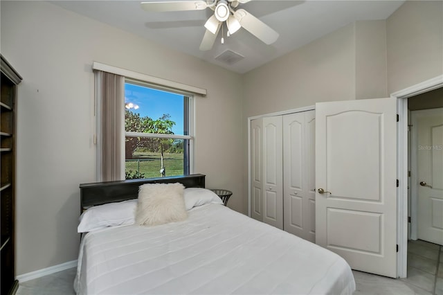 bedroom featuring a closet, visible vents, baseboards, and ceiling fan