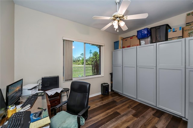 office with ceiling fan and dark wood-style flooring