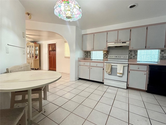 kitchen with arched walkways, black dishwasher, white electric range, decorative backsplash, and under cabinet range hood