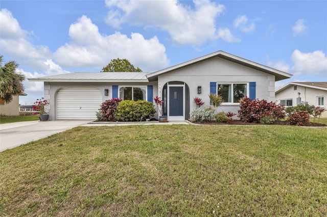 ranch-style home with a garage, concrete driveway, and a front lawn