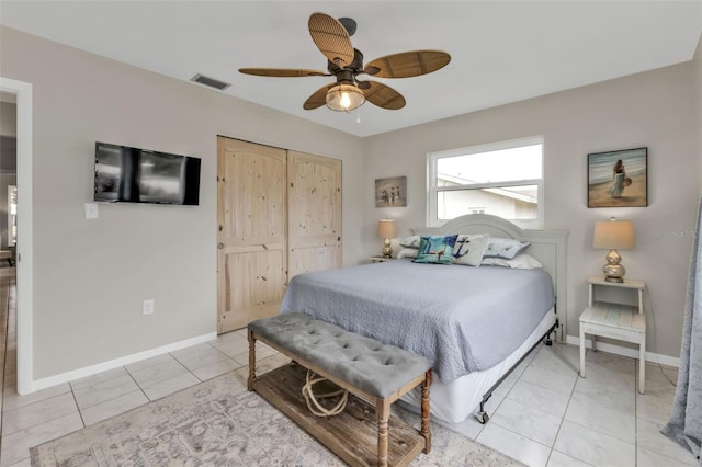 bedroom featuring a ceiling fan, a closet, visible vents, and baseboards