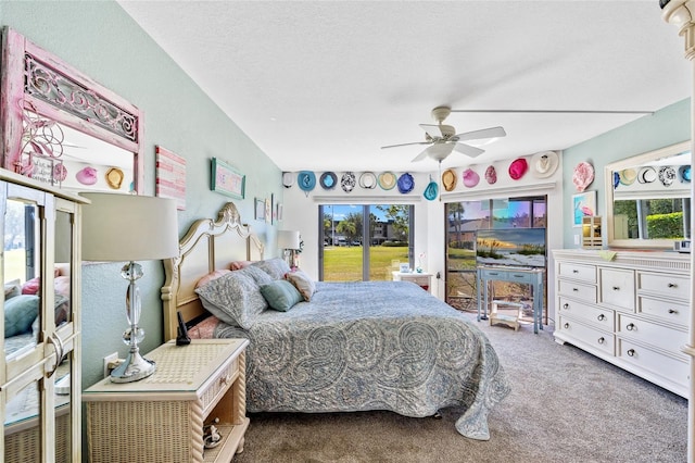 bedroom featuring ceiling fan, carpet, access to exterior, and a textured ceiling