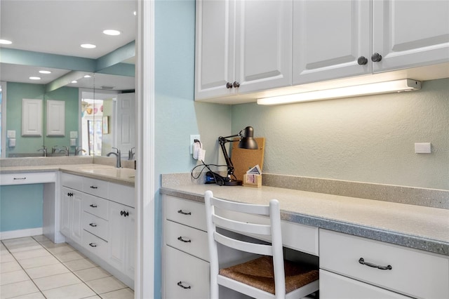 bathroom with tile patterned floors, recessed lighting, and vanity