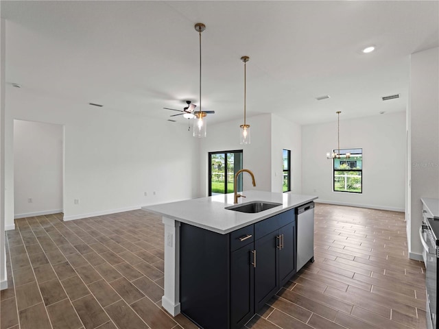 12156 Wellington Ave, Port Charlotte, FL 33981 - kitchen with open floor plan, stainless steel dishwasher, a sink, ceiling fan, and recessed lighting