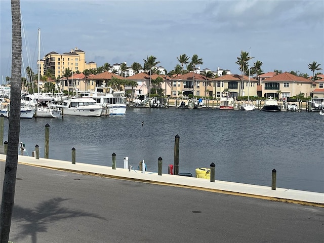 water view with a residential view and a boat dock