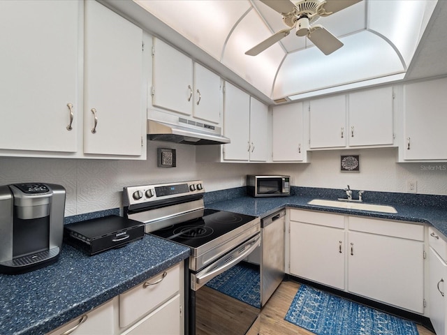 kitchen with a ceiling fan, light wood-style flooring, a sink, under cabinet range hood, and appliances with stainless steel finishes