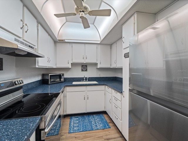 kitchen with dark countertops, under cabinet range hood, appliances with stainless steel finishes, wood finished floors, and a sink