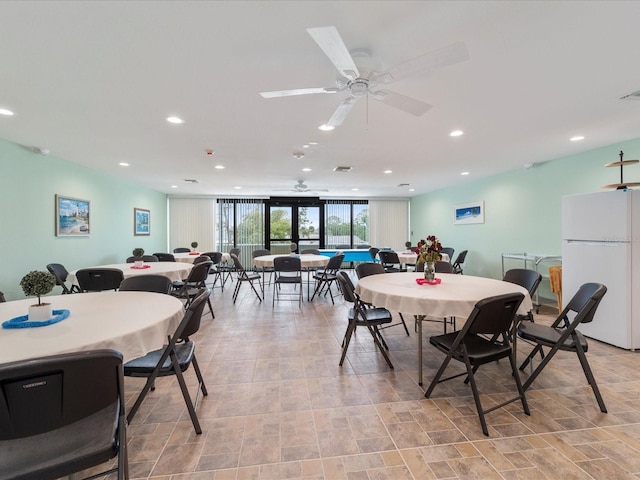 dining area with recessed lighting, visible vents, and a ceiling fan