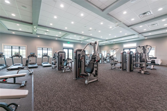 workout area featuring recessed lighting, visible vents, a paneled ceiling, and coffered ceiling