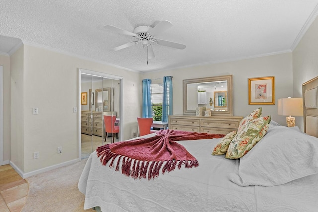 bedroom with light carpet, crown molding, and a textured ceiling