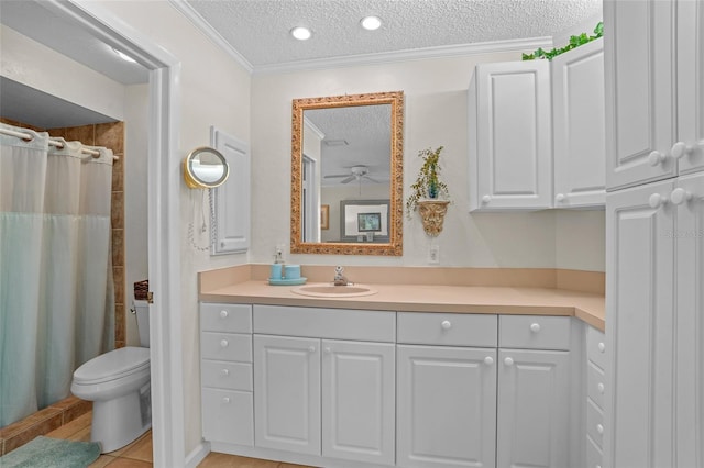 full bathroom with toilet, a shower with curtain, vanity, crown molding, and a textured ceiling