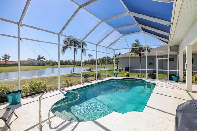 pool with a lanai, area for grilling, a patio, and a water view