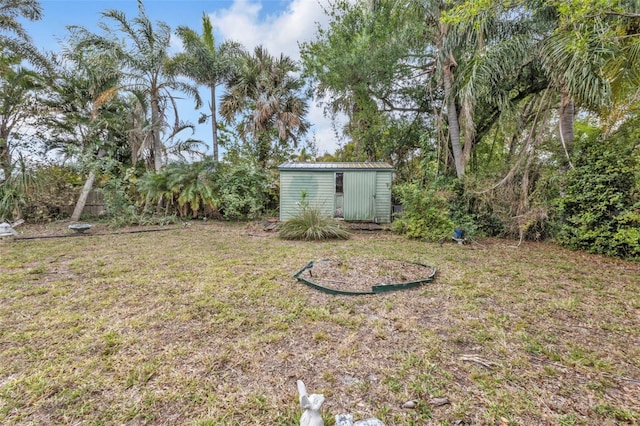 view of yard with a storage shed and an outdoor structure