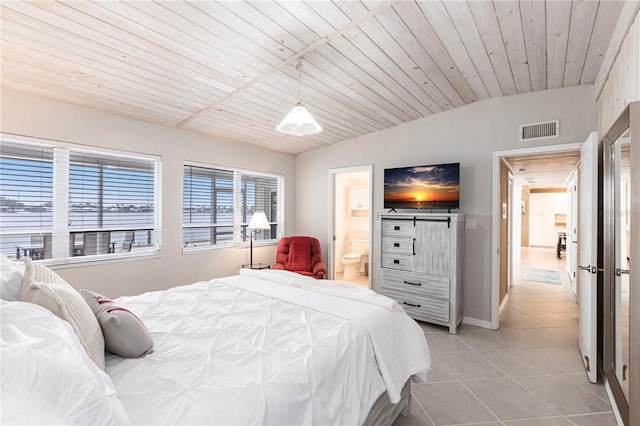 bedroom featuring visible vents, ensuite bath, light tile patterned flooring, lofted ceiling, and wood ceiling