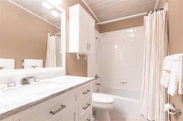 full bath with vanity, tile patterned flooring, wood ceiling, toilet, and shower / tub combo with curtain