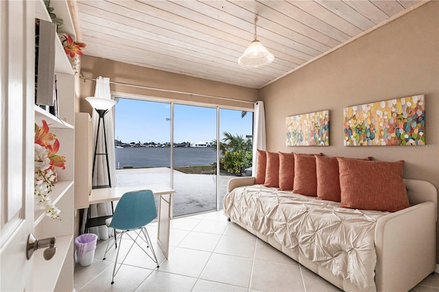 tiled bedroom with access to outside and wood ceiling