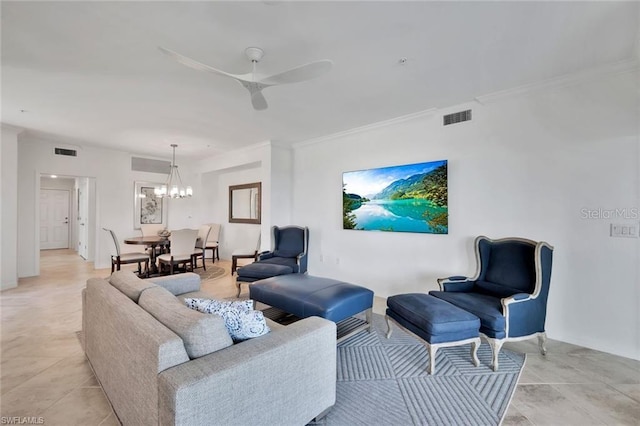 living area featuring light tile patterned floors, visible vents, crown molding, and ceiling fan with notable chandelier