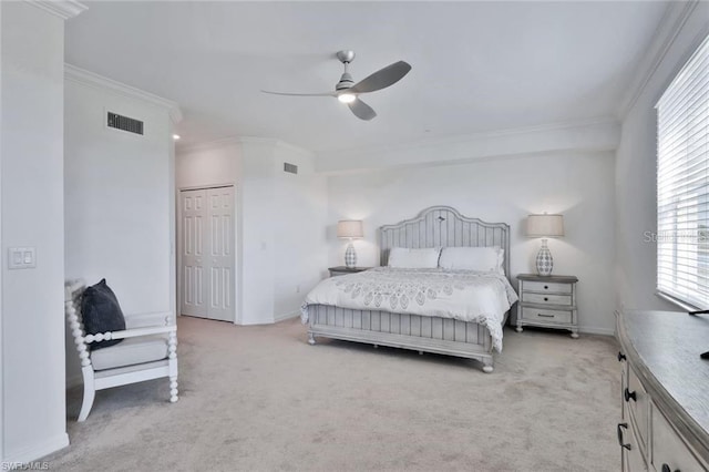 bedroom featuring visible vents, carpet, and ornamental molding