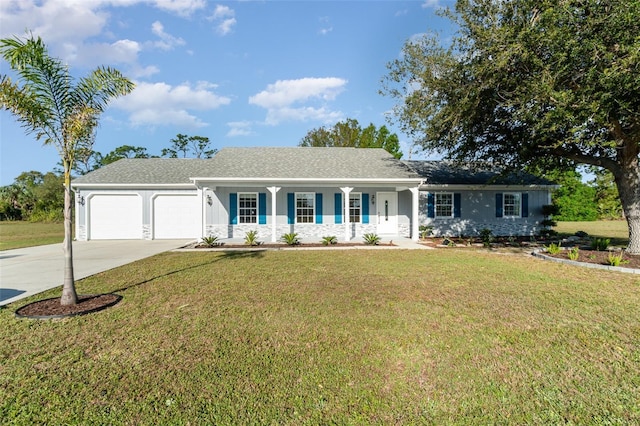 ranch-style home featuring a front yard, a porch, an attached garage, stucco siding, and concrete driveway