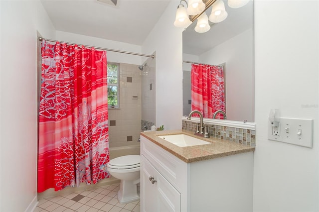 full bathroom with vanity, shower / bath combination with curtain, tile patterned floors, toilet, and tasteful backsplash