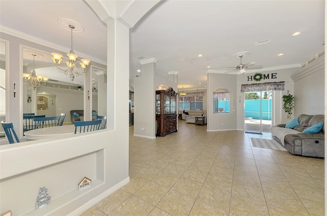 interior space featuring crown molding, baseboards, a chandelier, light tile patterned floors, and recessed lighting