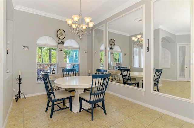 dining space with an inviting chandelier, crown molding, and a wealth of natural light