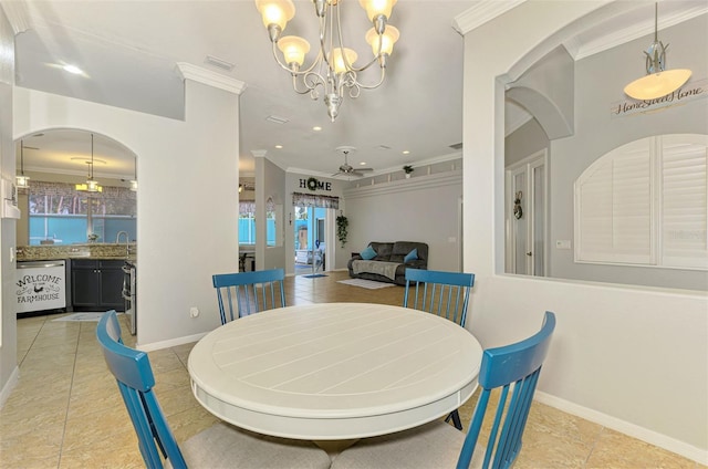 dining space featuring visible vents, ceiling fan with notable chandelier, recessed lighting, crown molding, and baseboards