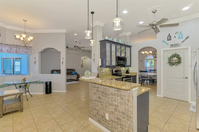 kitchen with ornamental molding, ceiling fan with notable chandelier, arched walkways, black microwave, and stainless steel electric range oven