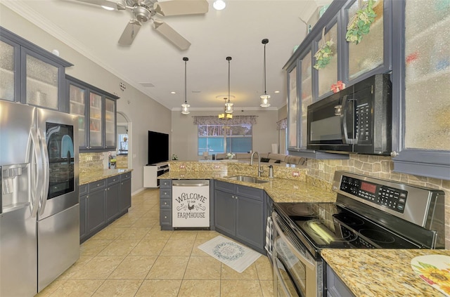 kitchen with a sink, stainless steel appliances, a peninsula, crown molding, and light tile patterned floors