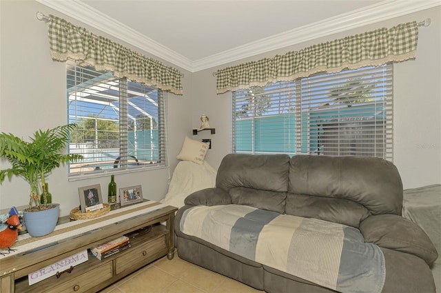 living room with light tile patterned floors, plenty of natural light, and ornamental molding