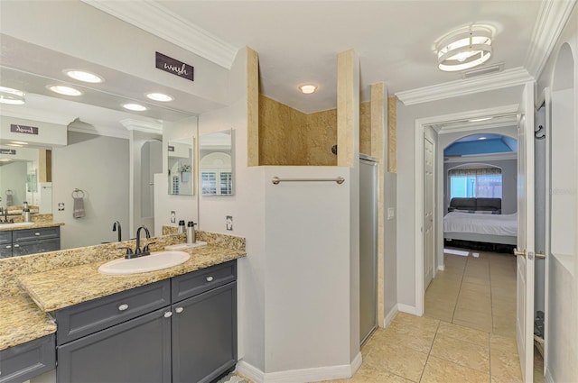 ensuite bathroom featuring tile patterned floors, ensuite bath, crown molding, and walk in shower