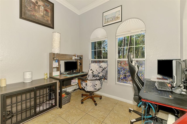 home office featuring tile patterned floors, baseboards, and ornamental molding