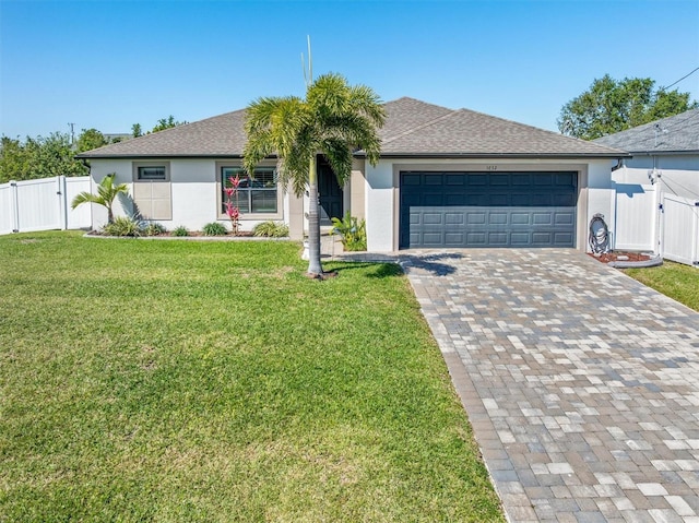 single story home featuring a front yard, a gate, an attached garage, stucco siding, and decorative driveway