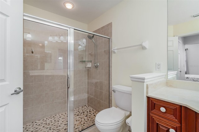 bathroom featuring toilet, a stall shower, and vanity