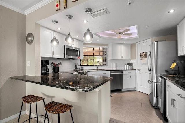 kitchen with a peninsula, a skylight, stainless steel appliances, decorative backsplash, and crown molding