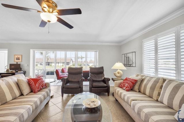 living area featuring light tile patterned flooring and crown molding