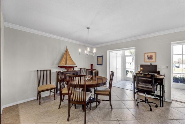 dining area featuring light tile patterned floors, baseboards, a notable chandelier, and ornamental molding