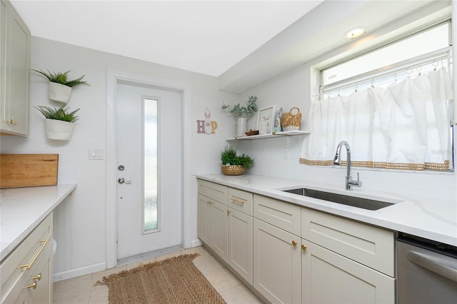 kitchen featuring plenty of natural light, a sink, stainless steel dishwasher, and open shelves