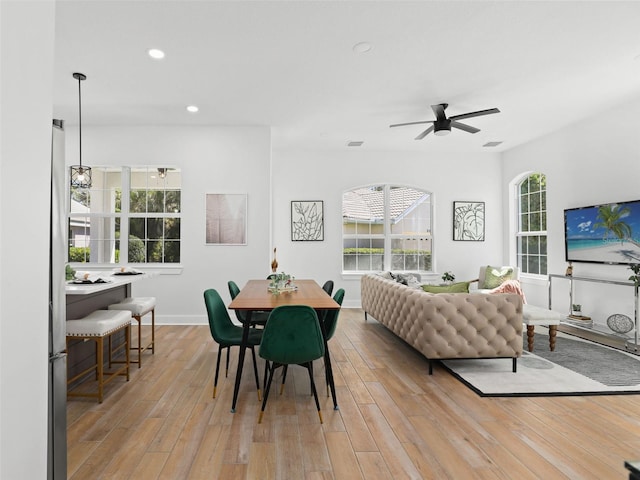 dining area with visible vents, baseboards, ceiling fan, light wood-type flooring, and recessed lighting