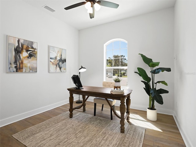 office featuring wood finished floors, visible vents, and baseboards