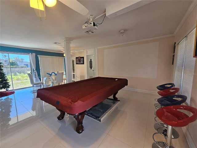 game room with ceiling fan, tile patterned flooring, billiards, and crown molding