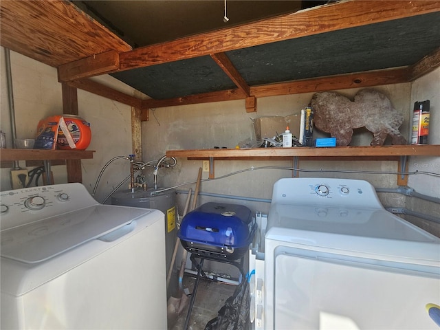 laundry room with laundry area, electric water heater, and washer and dryer