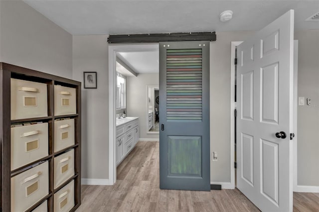 bathroom featuring wood finished floors, vanity, and baseboards